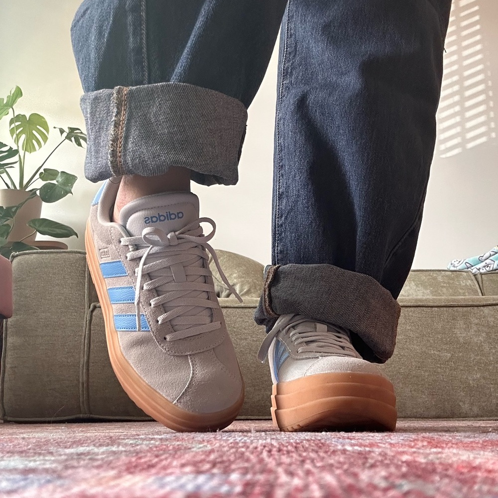 adidas Women’s Light Gray & Blue Suede Platform Sneaker